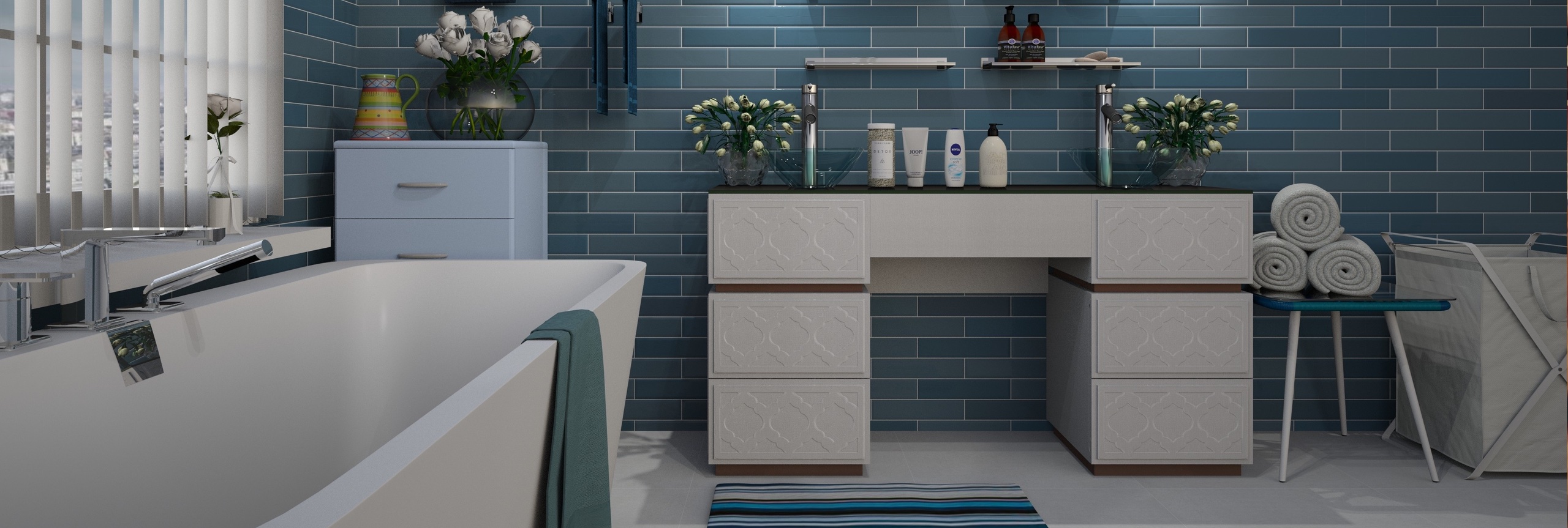 badkamer met witte meubelen en een blauwe muur