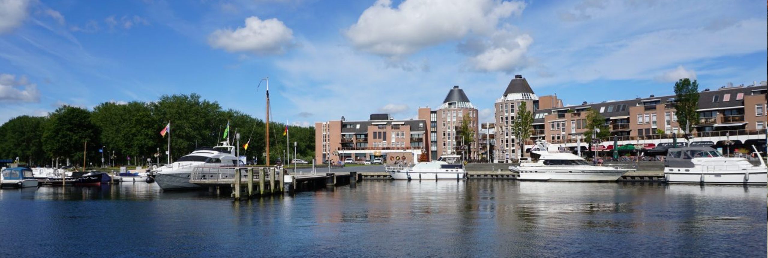 Haven in Almere met bomen en boten en gebouwen op de achtergrond